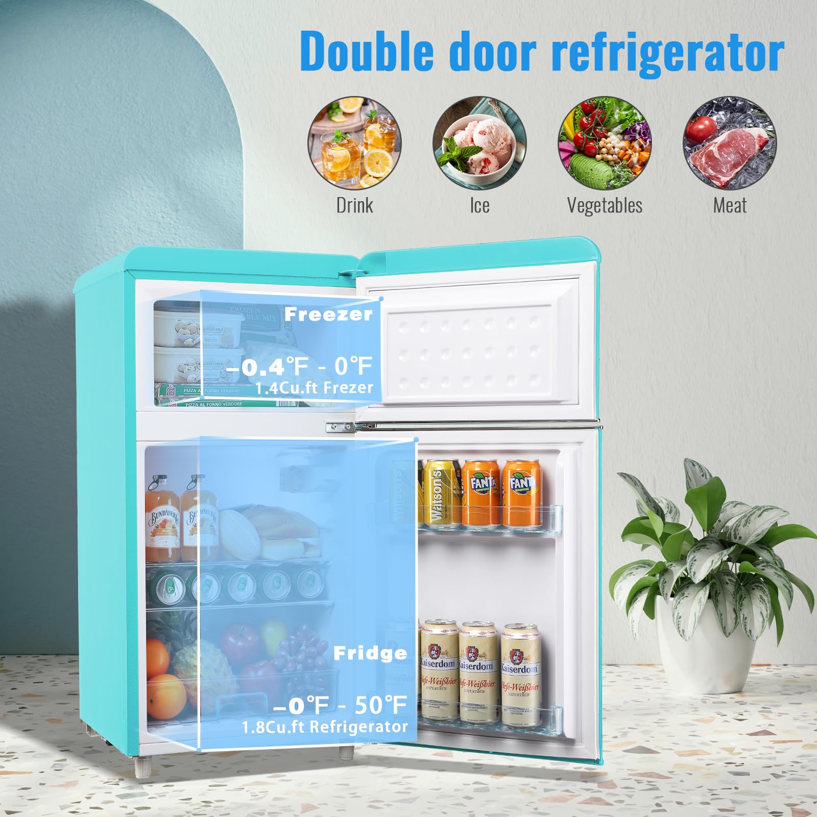 WANAI 3.5 Cu.ft Mini Fridge with Freezer Small Retro Dual Door Refrigerator Freestanding Compact Refrigerator with Freezer 2 Door Mini Fridge for Bedroom, Dorm, Office Blue