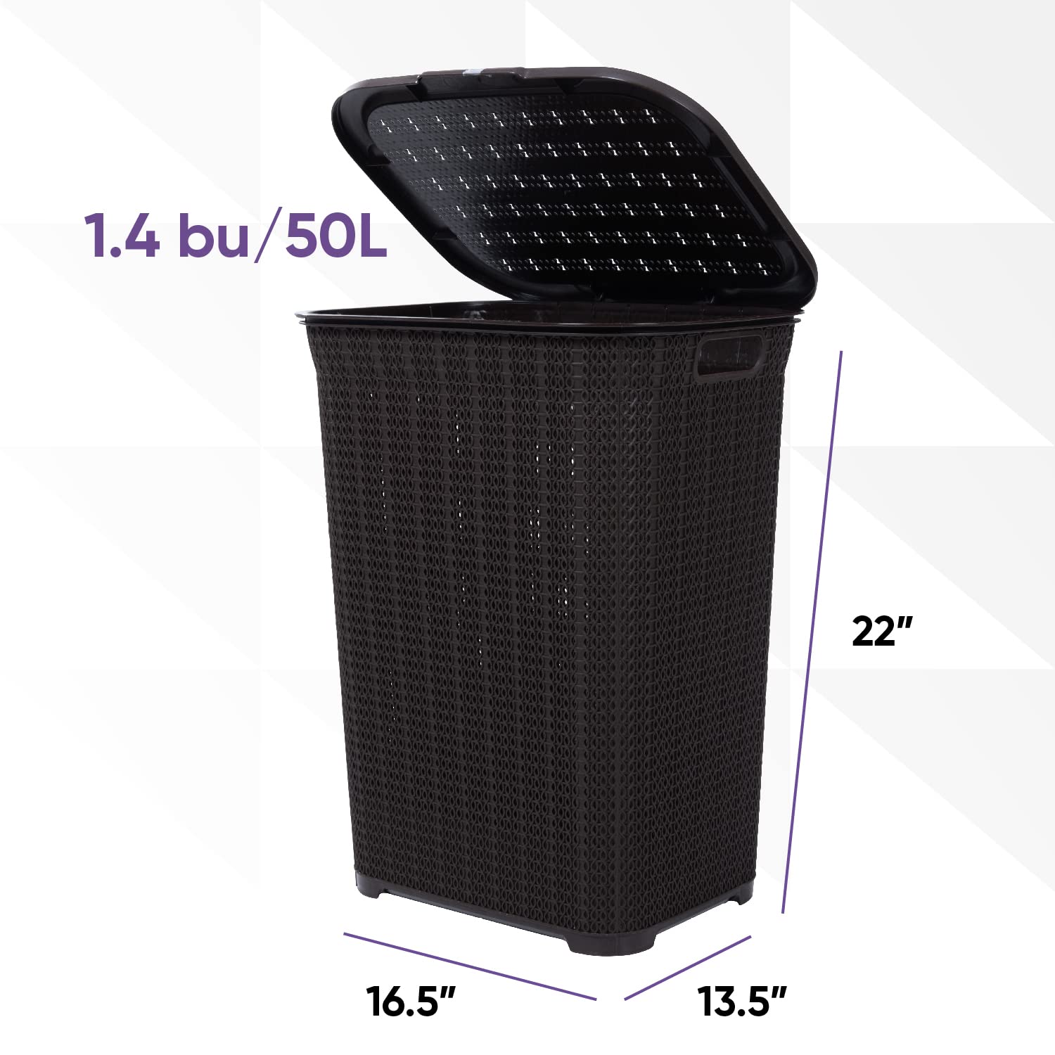 Plastic Laundry Hamper with Lid, Knit Designed Laundry Hamper Basket, 50 Liter Brown Cloths Hamper Organizer with Cut-out Handles. Space Saving for Laundry Room Bedroom Bathroom.