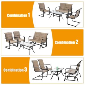 Tangkula 4 Pieces Outdoor Furniture Set, Patio Conversation Set with Coffee Table, 2-Person Swing Glider Loveseat and 2 Spring Motion Dining Chairs, Sectional Sofa Set with Cotton Padded (Brown)