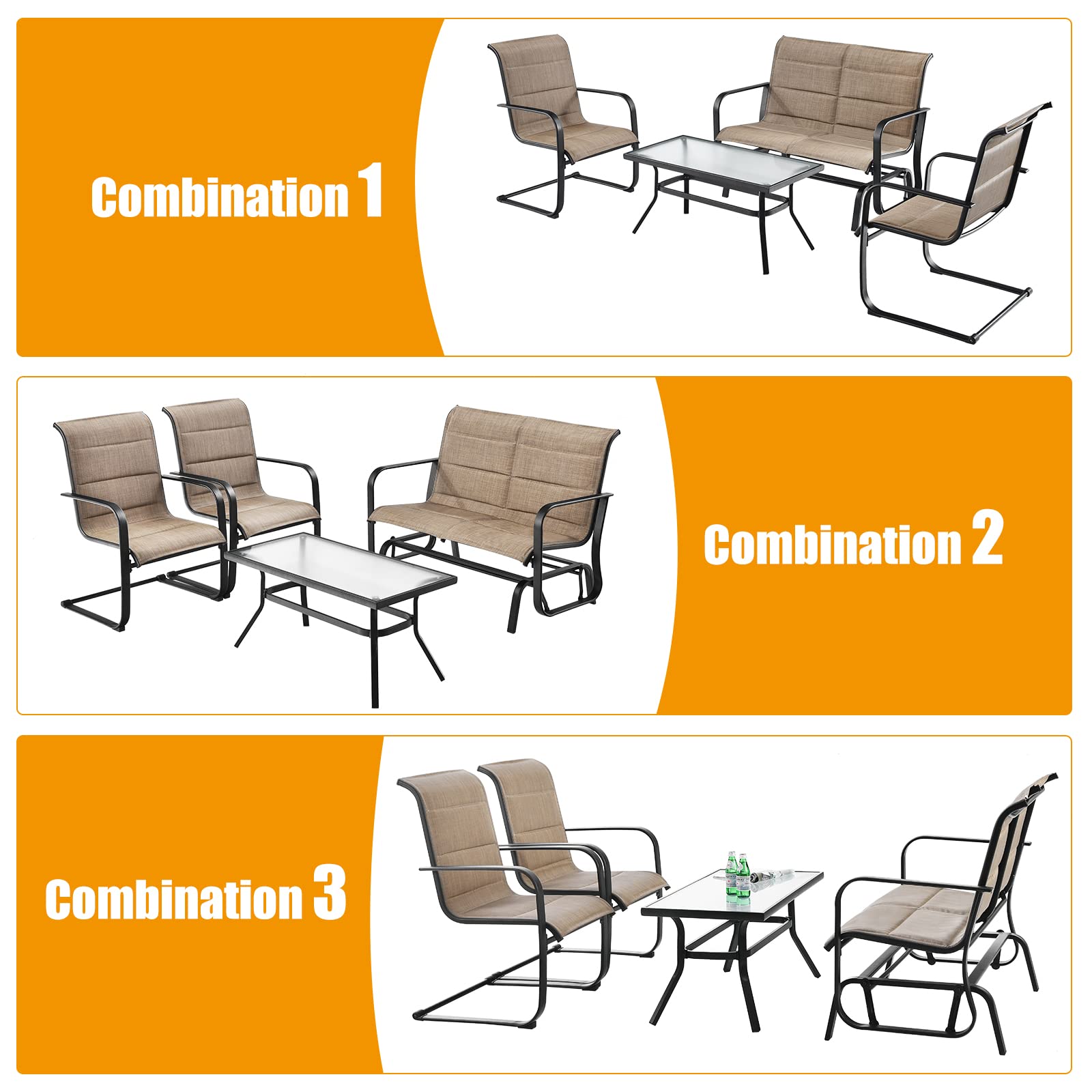 Tangkula 4 Pieces Outdoor Furniture Set, Patio Conversation Set with Coffee Table, 2-Person Swing Glider Loveseat and 2 Spring Motion Dining Chairs, Sectional Sofa Set with Cotton Padded (Brown)