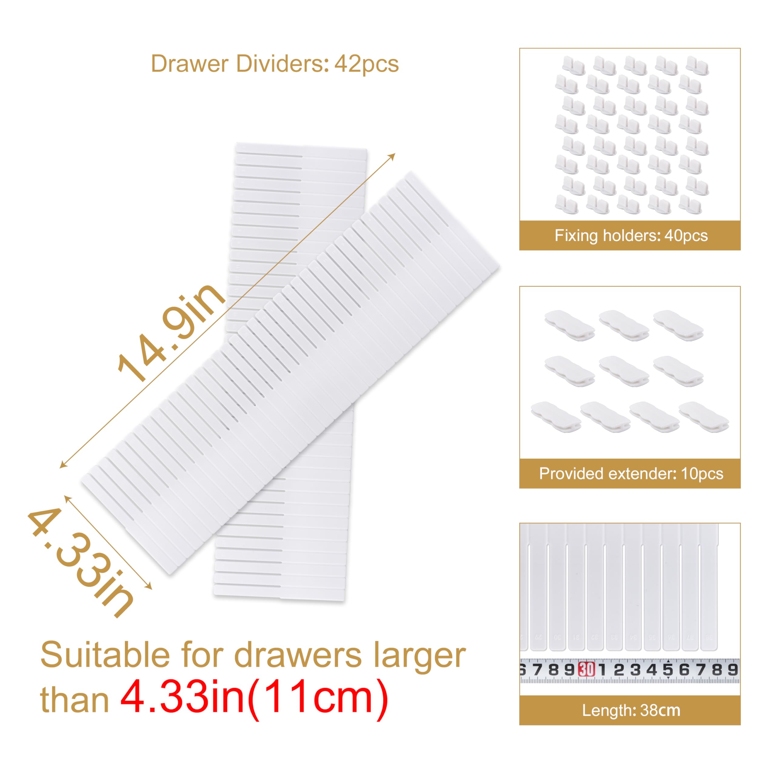 Momoi 42Pcs Drawer Dividers,Adjustable Drawer Organizer with Fixed Buckle,14.9in*4.33in,Drawer Organizer for Socks, Underwear, Makeup, Kitchen, Bedroom, Dresser,White(38 * 11cm 42PCS)