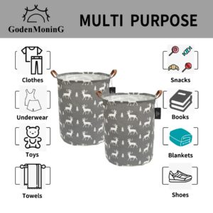 Collapsible Laundry Basket - GodenMoninG 2X 62.8L Large Sized Round Waterproof Storage Bin with Leather Handles,Home Decor,Toy Organizer,Children Nursery Hamper.（2 PACKS，Grey Deer X2）