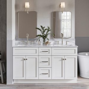 ARIEL 61" White Double Bathroom Vanity, Italian Carrara Marble Countertop & Splash, Rectangular Sink, 2 Soft Closing Doors, 3 Full Extension Dovetail Drawers, Toe Kick, Brushed Nickel