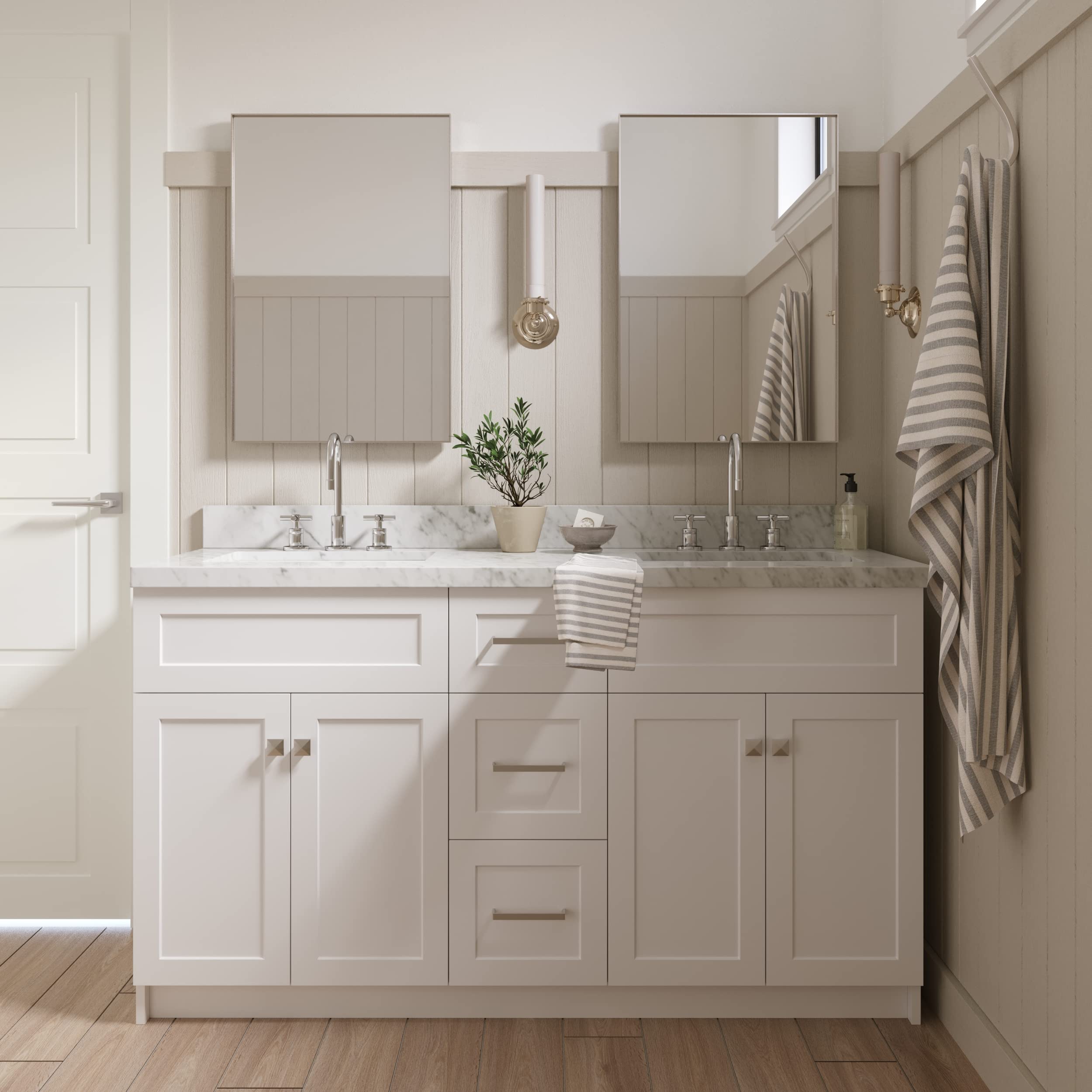 ARIEL 61" White Double Bathroom Vanity, Italian Carrara Marble Countertop & Splash, Rectangular Sink, 2 Soft Closing Doors, 3 Full Extension Dovetail Drawers, Toe Kick, Brushed Nickel