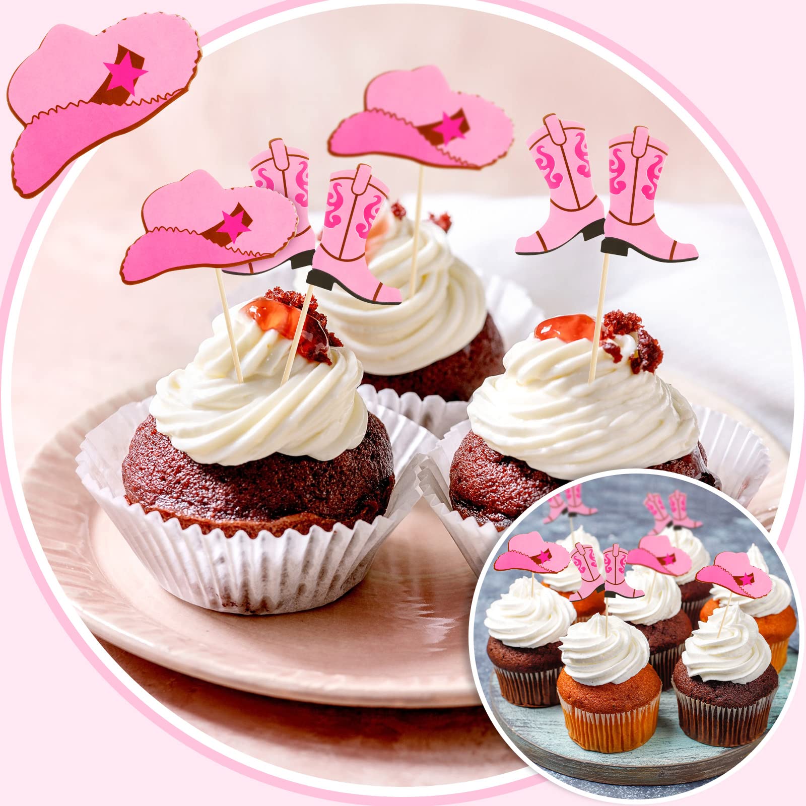 60 Pieces Cowboy or Cowgirl Hat and Boot Cupcake Toppers Western Birthday Cake Decorations Rodeo Cupcake Picks Baby Shower Toothpicks for Western Theme Party Favors Supplies (Pink)