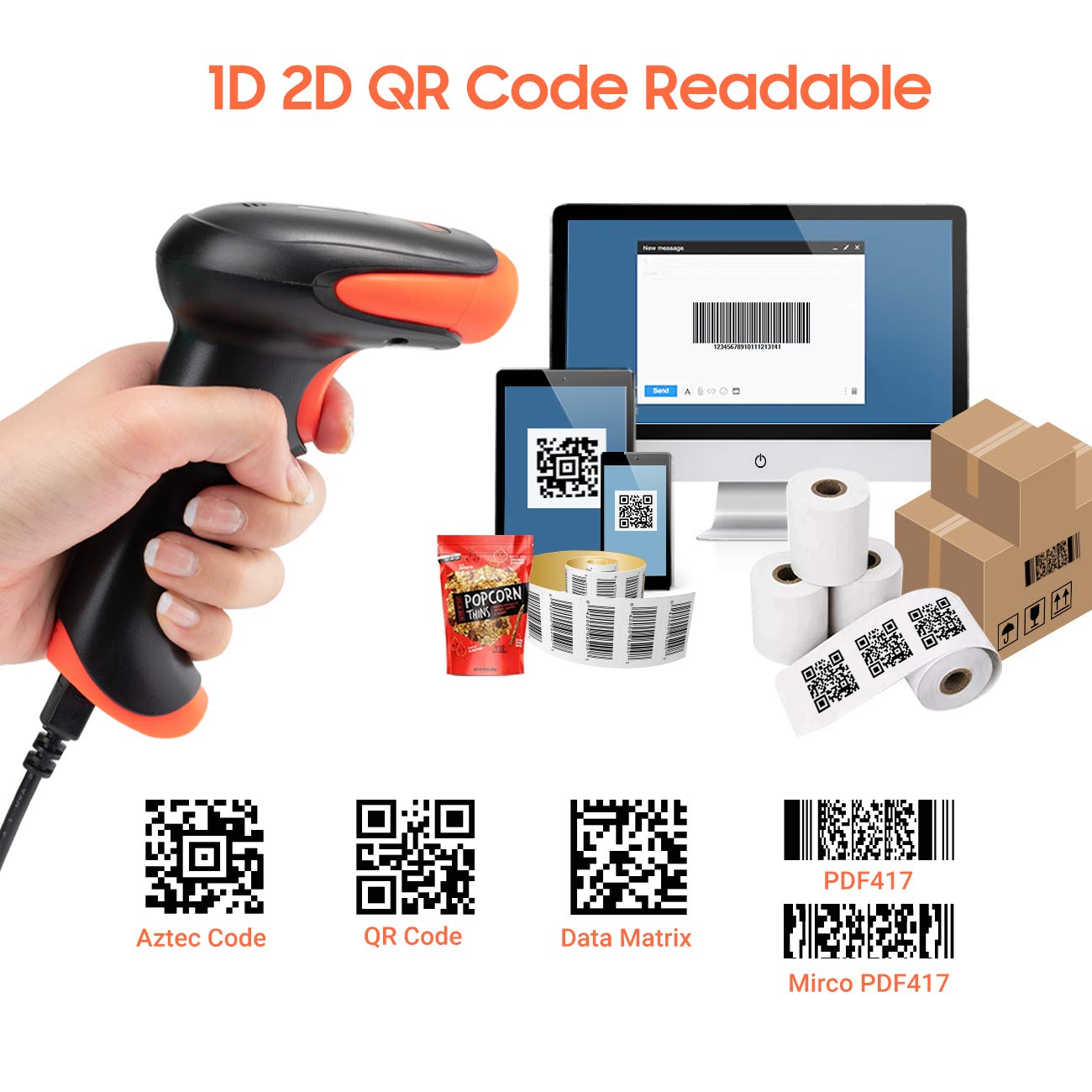 Tera Fully Upgraded Wireless 2D QR Barcode Scanner with Stand, 3 in 1 Work with Bluetooth & 2.4GHz Wireless & USB Wired Connect Smart Phone Tablet PC Image Bar Code Reader with Vibration Alert, HW0002