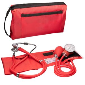 novamedic professional aneroid sphygmomanometer blood pressure machine and stethoscope set, universal adult size cuff arm 8.7-16.5", manual emergency bp monitor kit with carrying case, red