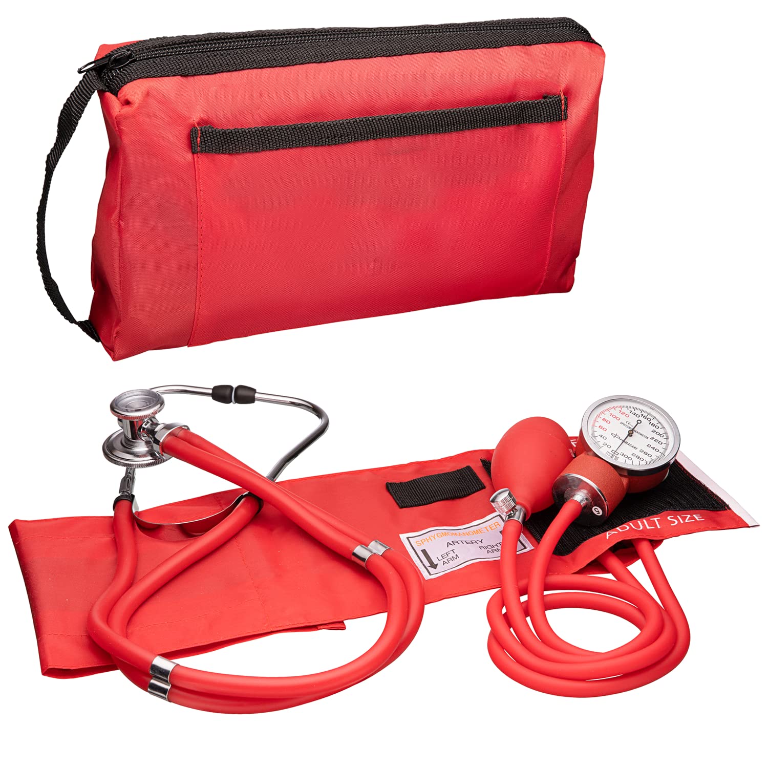 NOVAMEDIC Professional Aneroid Sphygmomanometer Blood Pressure Machine and Stethoscope Set, Universal Adult Size Cuff Arm 8.7-16.5", Manual Emergency BP Monitor Kit with Carrying Case, Red