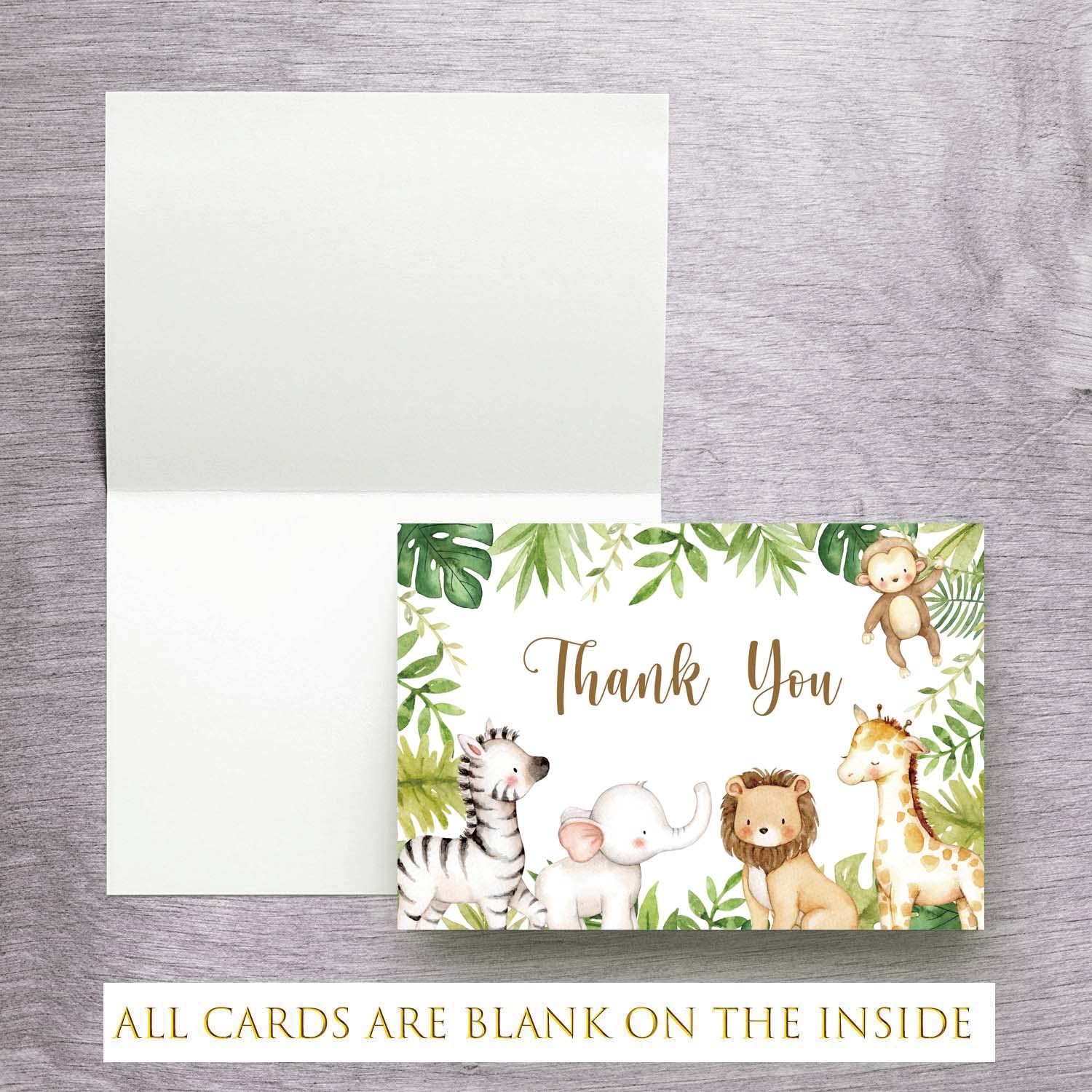 Jungle Safari Thank You Cards With Envelopes, 50 Jungle Animals Baby Shower Thank You Notes, 4 x 6 Thank You Cards Safari Baby Shower & Wild One Birthday Party