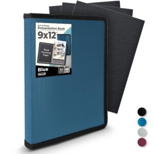 dunwell art portfolio 9x12 folder - (blue) with black mounting paper, portfolio folder for artwork, 9 x 12 art folder, 24 pockets display 48 pages, portfolio binder, portfolio book, art binder