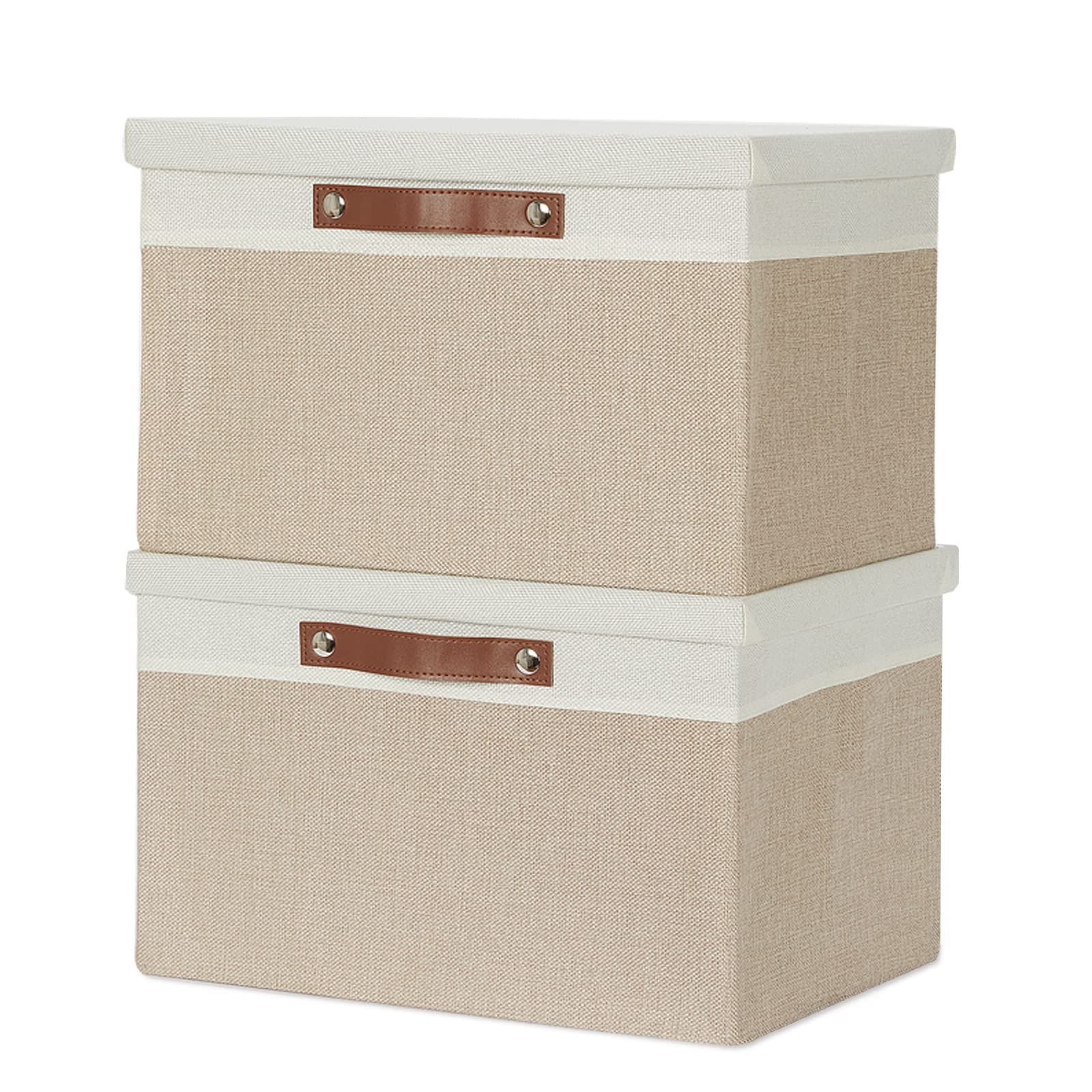 Temary Foldable Storage Bins with Lids, [2-Pack] Large Storage Baskets with Lid, Fabric Storage Bin for Organizing Home (White & Khaki, 15x11x9.5inch)