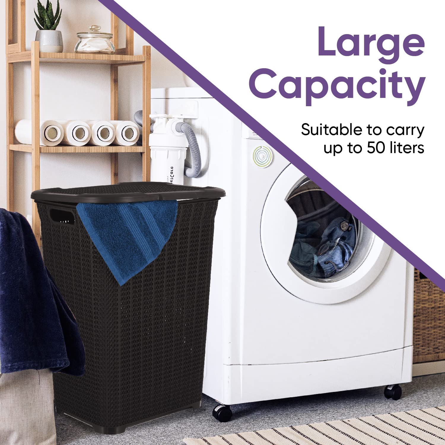 Plastic Laundry Hamper with Lid, Knit Designed Laundry Hamper Basket, 50 Liter Brown Cloths Hamper Organizer with Cut-out Handles. Space Saving for Laundry Room Bedroom Bathroom.