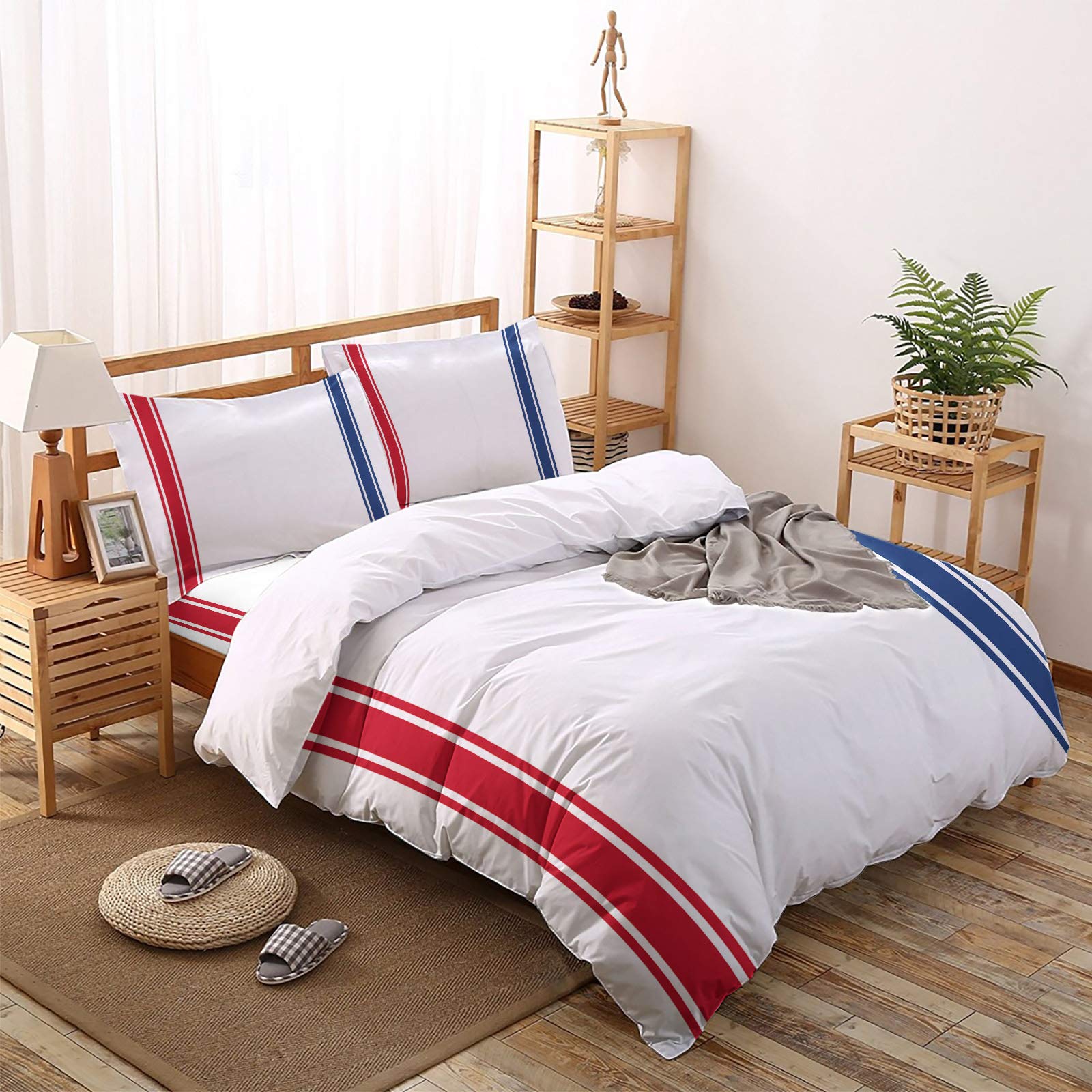 YOKOU Duvet Cover 4 Pieces Set American Independence Day July 4th Patriotic Red and Blue Stripe White Comforter Bedding Set with Zipper Closure Corner Ties California King