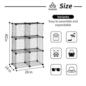 AllGoNicer 14"x14" Wire Grid Shelf Cubes, Patented Design, Sturdy and Long Last, Floor-Stand or Wall-Hang, Easy DIY Assembly (6cubes/23panels, Black)