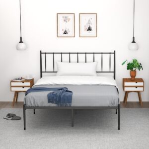 Amyove Queen Size Platform Bed with Metal Headboard, Bed Frame Mattress Foundation with Slat Support and 12.3" Storage Height No Box Spring Needed (Black + Metal, Queen)