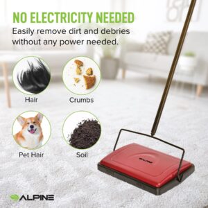 Alpine Manual Carpet Sweeper Triple Brush – Non Electric Multi-Surface Floor Cleaner Easy Sweeping for Carpeted Floors (Red -Updated)