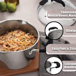 Rorence Stainless Steel Stock Pot with Pour Spout & Silicone Handles & Glass Lid with Strainer - 3.7 Quart