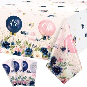 3 pieces gender reveal tablecloths boy or girl table cover balloons and floral print plastic tablecloth navy and pink table cover for he or she baby shower gender reveal party decorations supplies