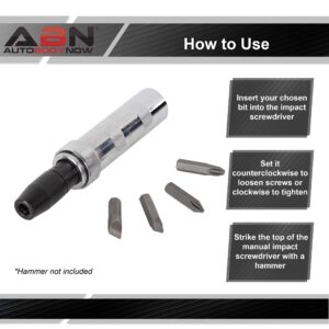 ABN Manual Reversible Impact Driver Set - Flathead 5/16 and 3/8in and Phillips #2 and #3 Hand Impact Driver Tool Bits