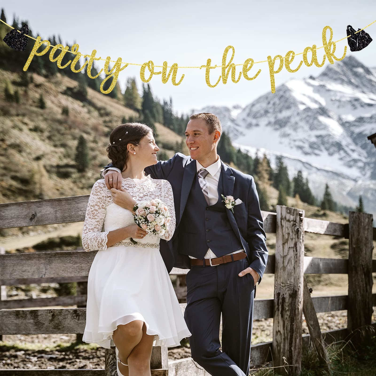 Party On The Peak Banner, Mountain Wedding Bachelorette Decorations, Cabin Bridal Shower Engagement Party Garland Bunting Sign Supplies, Pre-Assembled (Gold Glitter)