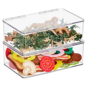 mdesign plastic playroom and gaming storage organizer box containers with hinged lid for shelves or cubbies, holds small toys, building blocks, puzzles, markers, controllers, or crayons, 2 pack, clear