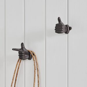 Danya B. "Thumbs up & Pointing Finger Dark Brown Cast Iron Wall Mount Hook Set (Set of 2), Entryway Hooks or Unique Room Decor for Hanging Coats, Purses, Scarves, or Keys