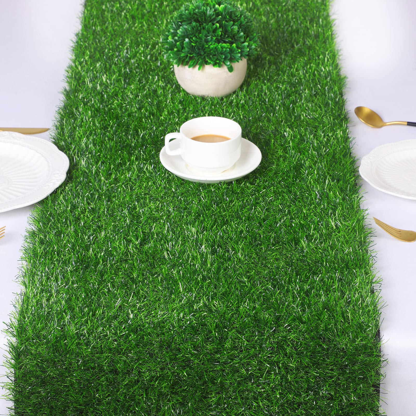 TURSTIN Artificial Grass Table Runners 14 x 48 Inch Green Grass Tabletop Synthetic Grass Carpet Rug Table Decorations for Spring Summer, Wedding, Birthday Party Decor