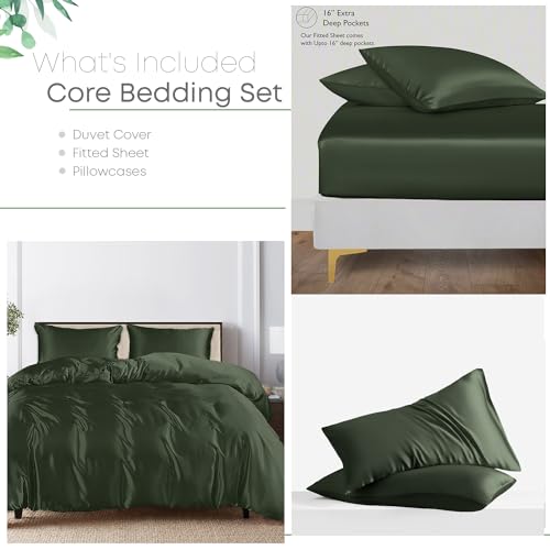 Linenwalas Tencel Lyocell Duvet Cover Set with Deep Pocket Fitted Sheet, Viscose Made from Eucalyptus Soft, Lightweight and Breathable Complete Bedding Set (Avocado Green, King)