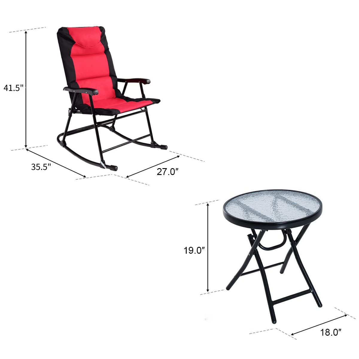 Tangkula 3 Pieces Folding Bistro Set, Outdoor Rocking Chairs with Round Table Set, Foldable Chairs & Glass Top Coffee Table, Patio Folding Furniture Set for Backyard, Garden, Poolside, Porch (Red)