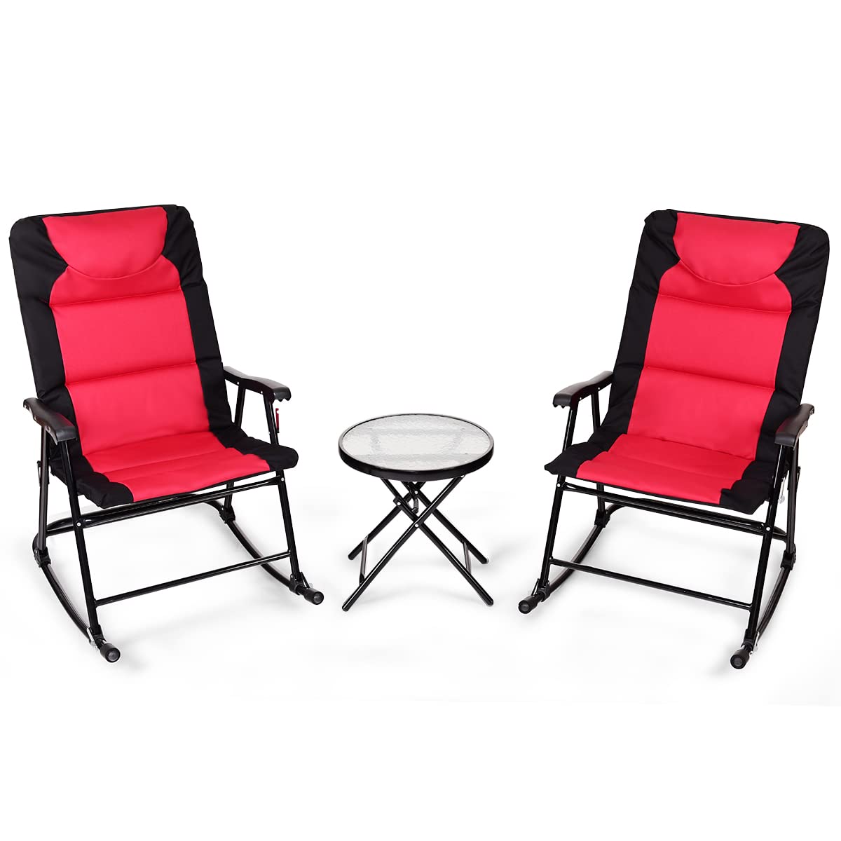 Tangkula 3 Pieces Folding Bistro Set, Outdoor Rocking Chairs with Round Table Set, Foldable Chairs & Glass Top Coffee Table, Patio Folding Furniture Set for Backyard, Garden, Poolside, Porch (Red)