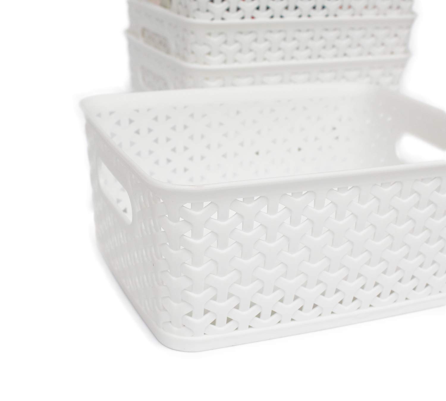 Bozopion 4-Pack Plastic Woven Storage Baskets,Small Bins Organizers with Cutout Handles,White