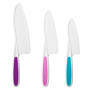 motyawn kids knife set of 3 - firm grip, serrated safe edges– colorful nylon toddler cooking knives to cut fruits, salad, cake, lettuce (purple/powder/blue)