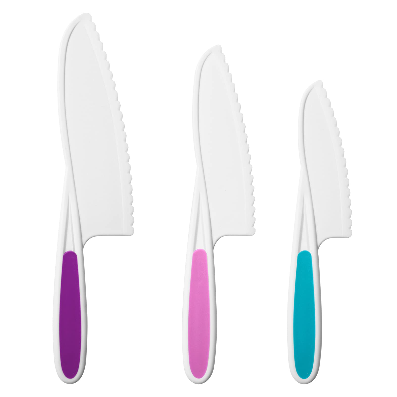 MOTYAWN Kids Knife Set of 3 - Firm Grip, Serrated Safe Edges– Colorful Nylon Toddler Cooking Knives to Cut Fruits, Salad, Cake, Lettuce (Purple/Powder/Blue)