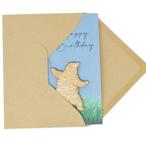 Woodland Mail Happy Bear Birthday Card with Wooden Bear Keepsake on the Front