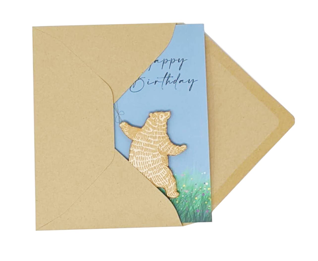 Woodland Mail Happy Bear Birthday Card with Wooden Bear Keepsake on the Front