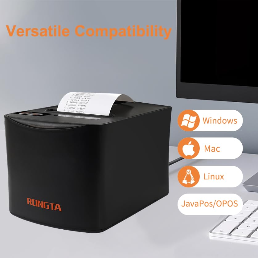 Rongta Thermal Receipt Printer, 80mm High-Speed POS Printer with Auto Cutter, 250mm/s, Ideal for Kitchen & Small Business, Compatible with Windows, Linux, MacOS