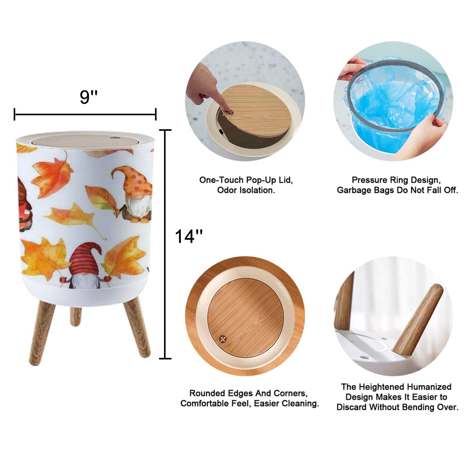 Round Trash Can with Press Lid Gnomes autumn leaves watercolor seamless Scandinavian dwarfs in Small Garbage Can Trash Bin Dog-proof Trash Can Wooden Legs Waste Bin Wastebasket 7L/1.8 Gallon