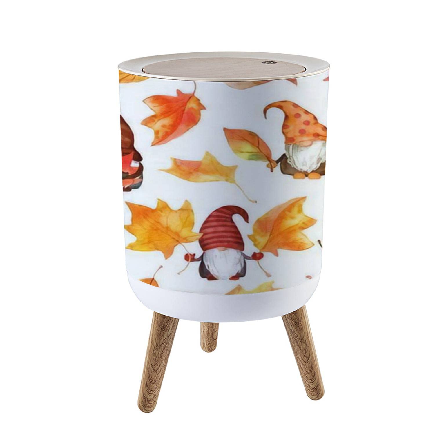 Round Trash Can with Press Lid Gnomes autumn leaves watercolor seamless Scandinavian dwarfs in Small Garbage Can Trash Bin Dog-proof Trash Can Wooden Legs Waste Bin Wastebasket 7L/1.8 Gallon