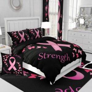 Erosebridal Pink Ribbon Breast Cancer Comforter Cover Butterfly Bedding Set,Flying Butterflies Duvet Cover Breast Cancer Gifts for Women Chemo Friend Coworker Bedroom Decor Queen Size Black