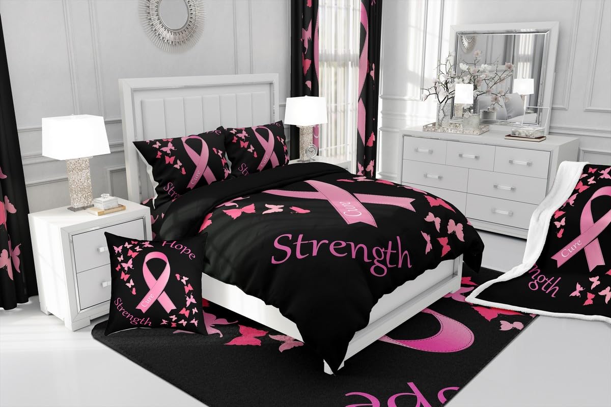 Erosebridal Pink Ribbon Breast Cancer Comforter Cover Butterfly Bedding Set,Flying Butterflies Duvet Cover Breast Cancer Gifts for Women Chemo Friend Coworker Bedroom Decor Queen Size Black