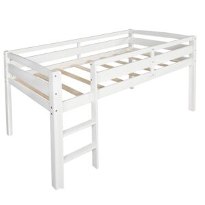 CITYLIGHT Twin Low Loft Bed, Junior White Wood Loft Bed with Ladder, MDF & Pine Frame, 200LBS Capacity, No Box Spring Needed