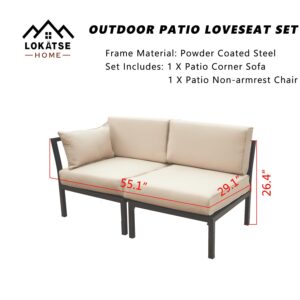 LOKATSE HOME 2 Piece Outdoor Patio Furniture Loveseat Couch with Corner Sofa and Non-armrest Chair, Khaki