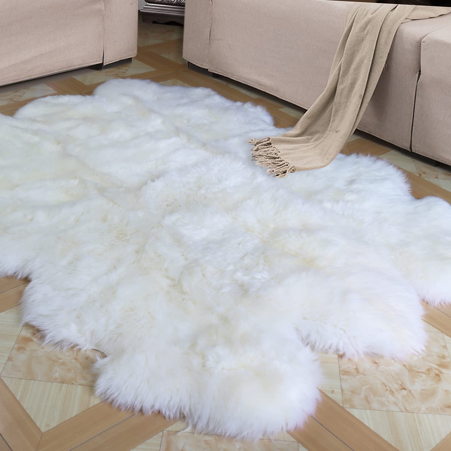 Champlus Sheepskin Rug Genuine Australian Sheepskin Area Rug 5x7 ft, Real Fur Rug for Bedroom, Living Room, Nursery, Soft Fluffy Rug for Kids and Adults Thick Silky Sheepskin Throw, 6 Pelt White