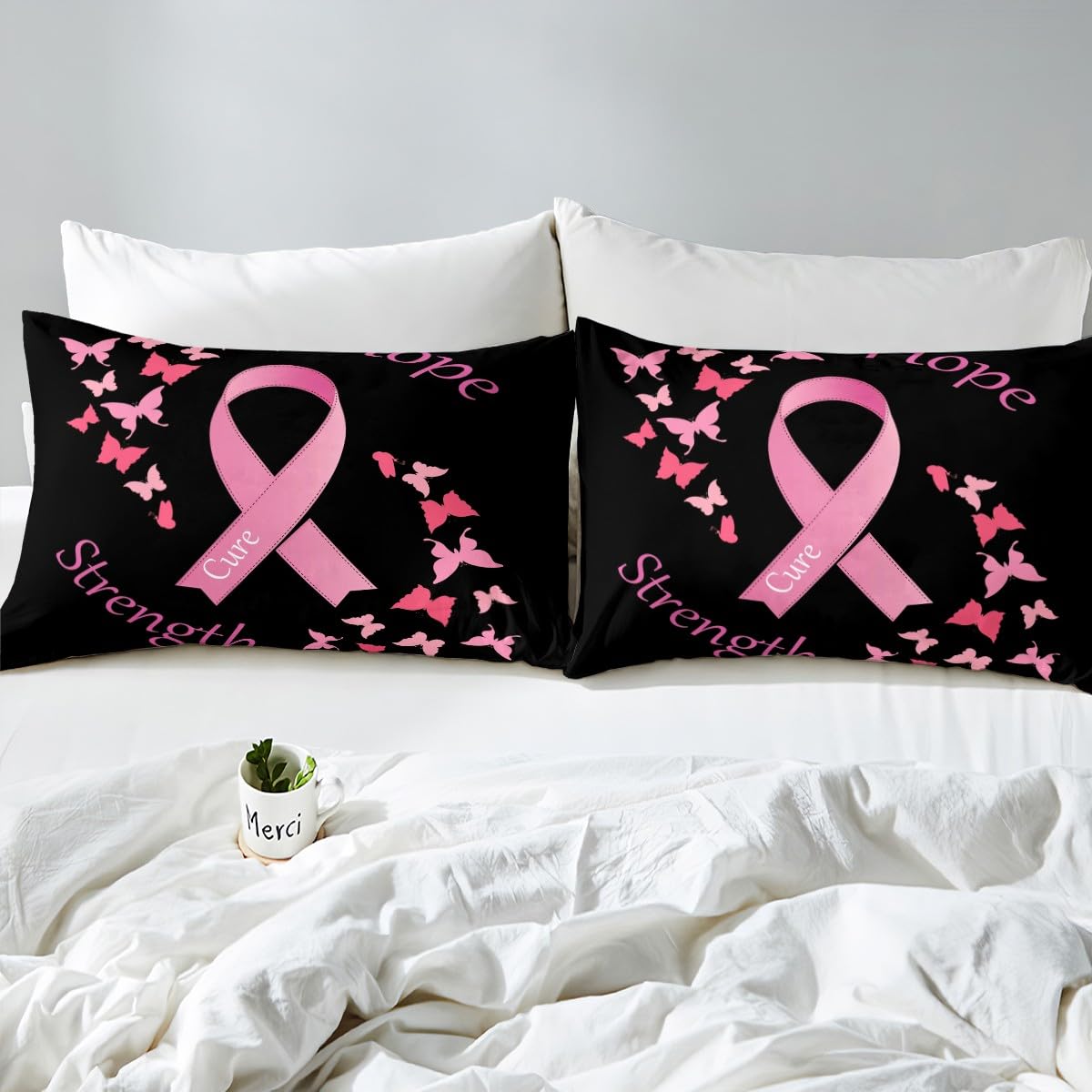 Erosebridal Pink Ribbon Breast Cancer Comforter Cover Butterfly Bedding Set,Flying Butterflies Duvet Cover Breast Cancer Gifts for Women Chemo Friend Coworker Bedroom Decor Queen Size Black