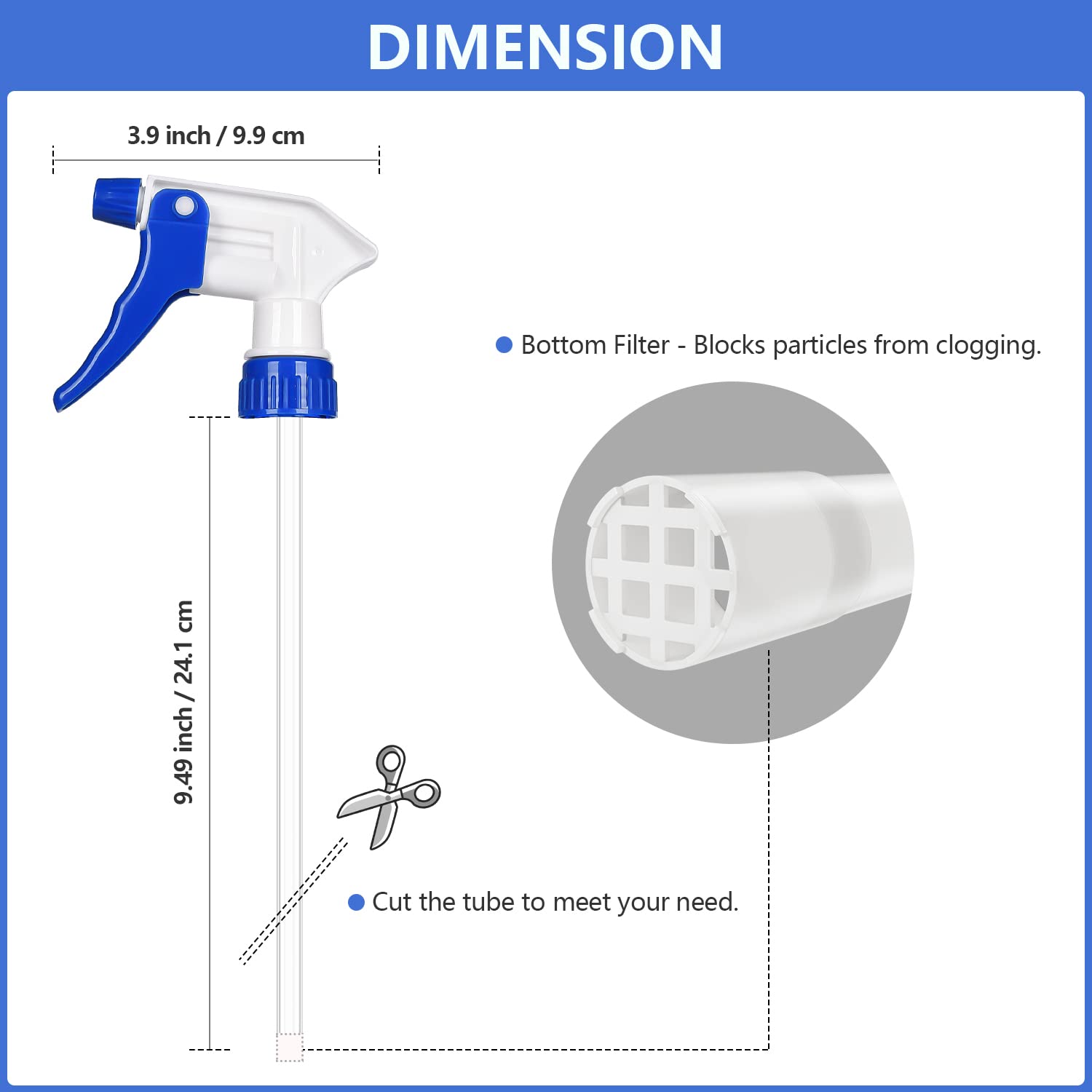 6 Pack Universal Spray Bottle Replacement Nozzle, Mist & Stream Trigger Sprayer for 16oz 24oz 32oz Bottles, Heavy Duty Mister Head Part w/ 10.2 Inch Tube for Cleaning Solutions, Car Detailing