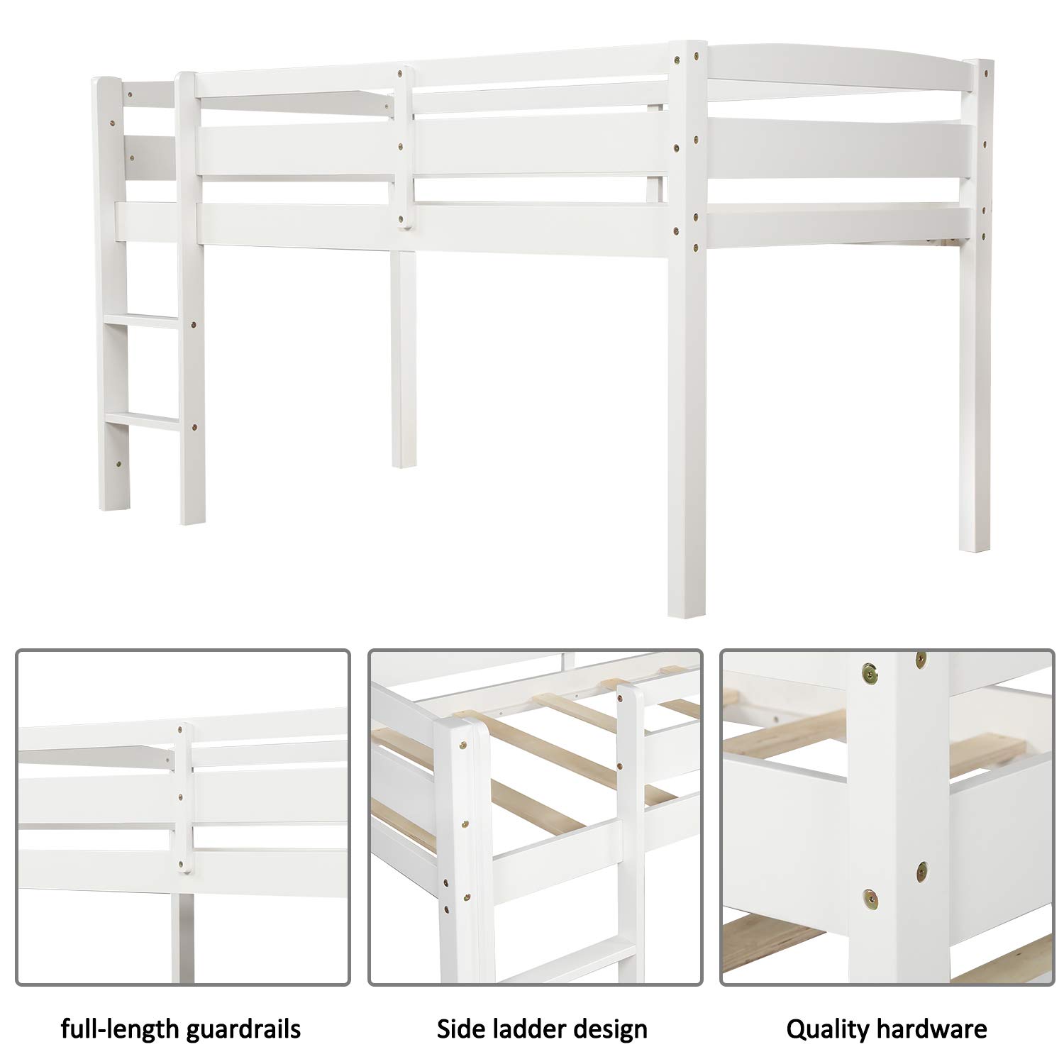 CITYLIGHT Twin Low Loft Bed, Junior White Wood Loft Bed with Ladder, MDF & Pine Frame, 200LBS Capacity, No Box Spring Needed