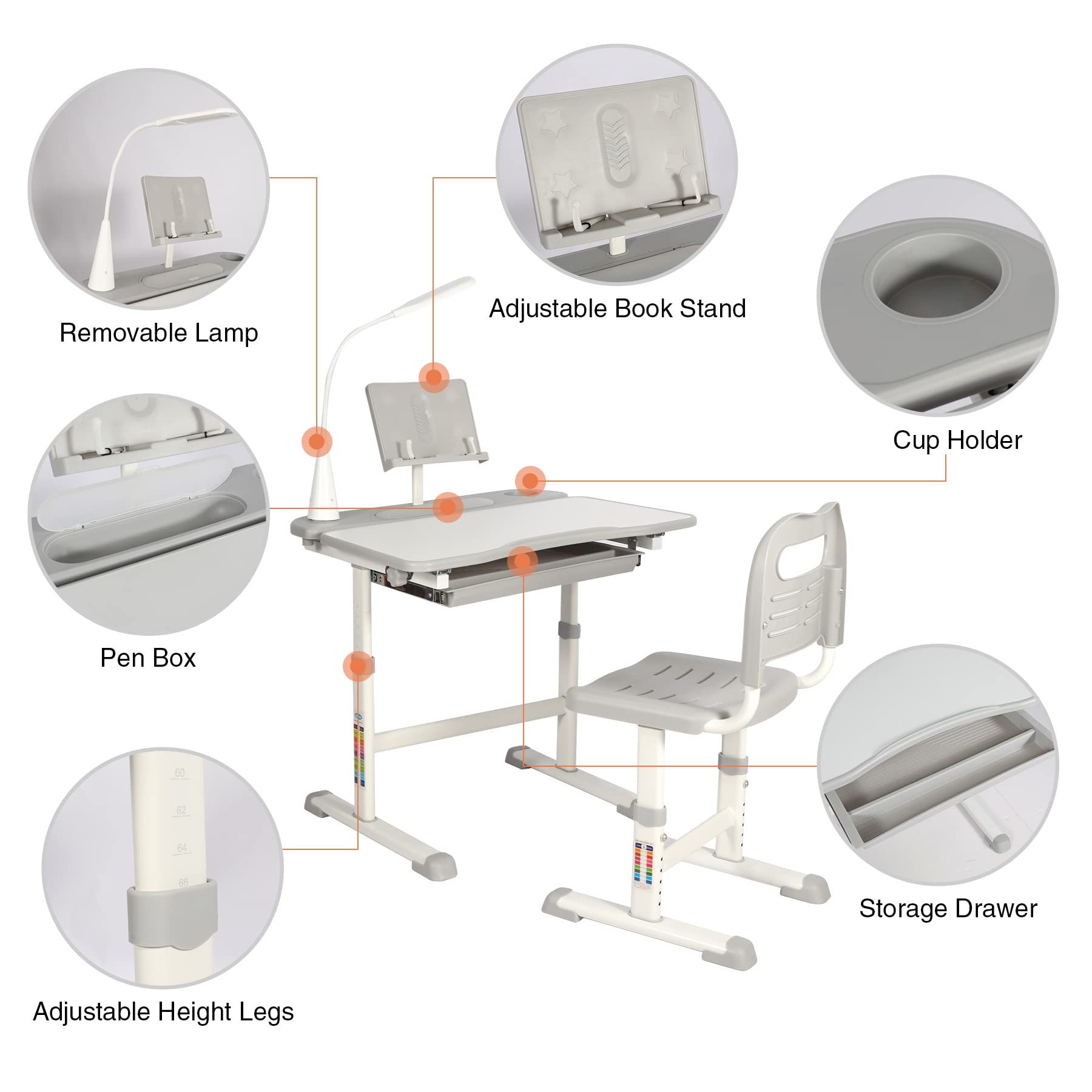 Domaker Kids Desk and Chair Set,Height Adjustable Childrens Homeschool Study Table with Storage Drawer, LED Light,Cup Holder,Bookstand, for 3-15 Years Boy and Girl, Grey