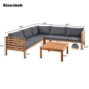 AOCHUANG Eucalyptus Wood 4 Piece Sectional Sofa Set Coffee Table Removable Cushion,Patio Seating Group L Shape Corner Garden Backyard Poolside (Natural Wood+Gray), 58.7inch x 27.6inch 25.1inch(L W H)