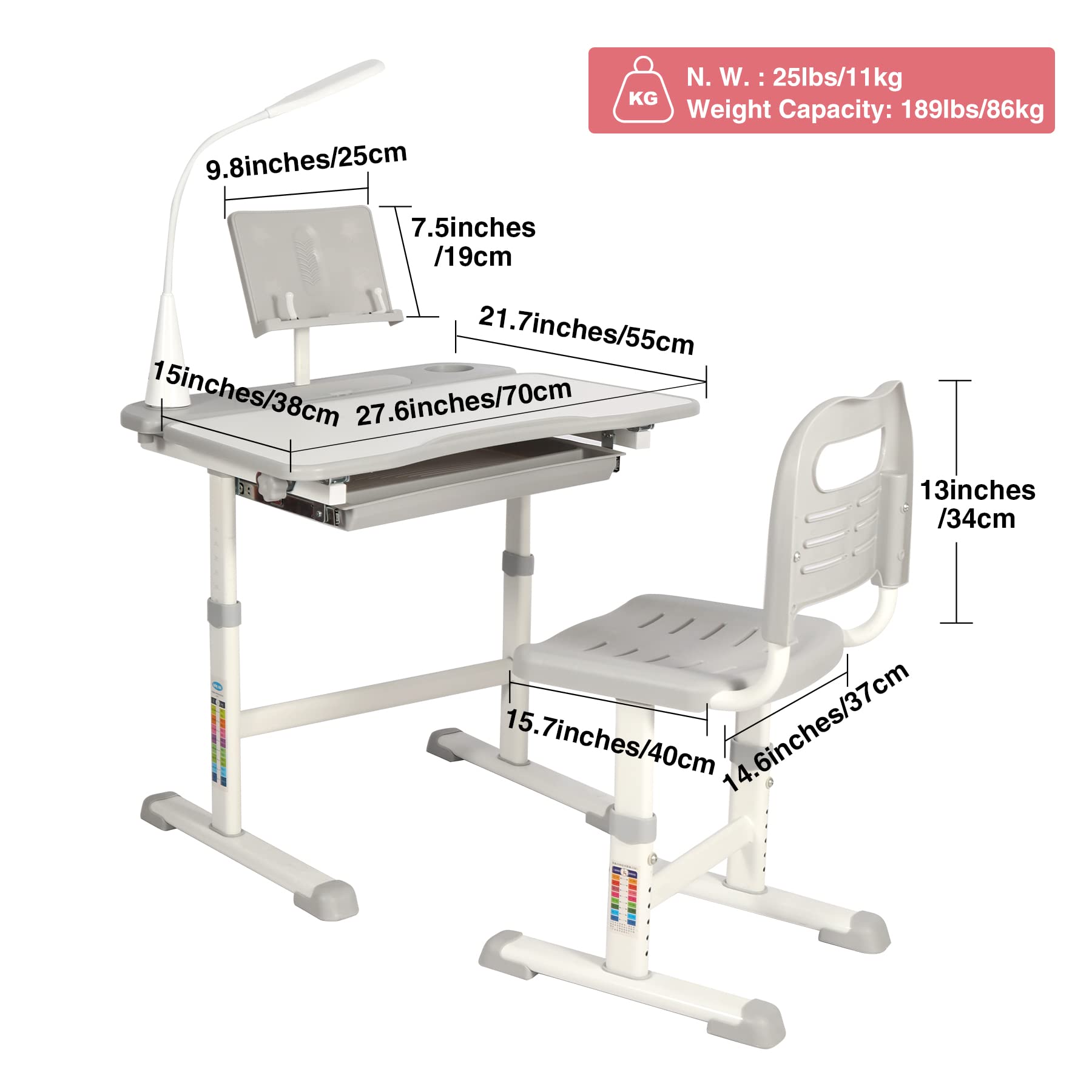 Domaker Kids Desk and Chair Set,Height Adjustable Childrens Homeschool Study Table with Storage Drawer, LED Light,Cup Holder,Bookstand, for 3-15 Years Boy and Girl, Grey