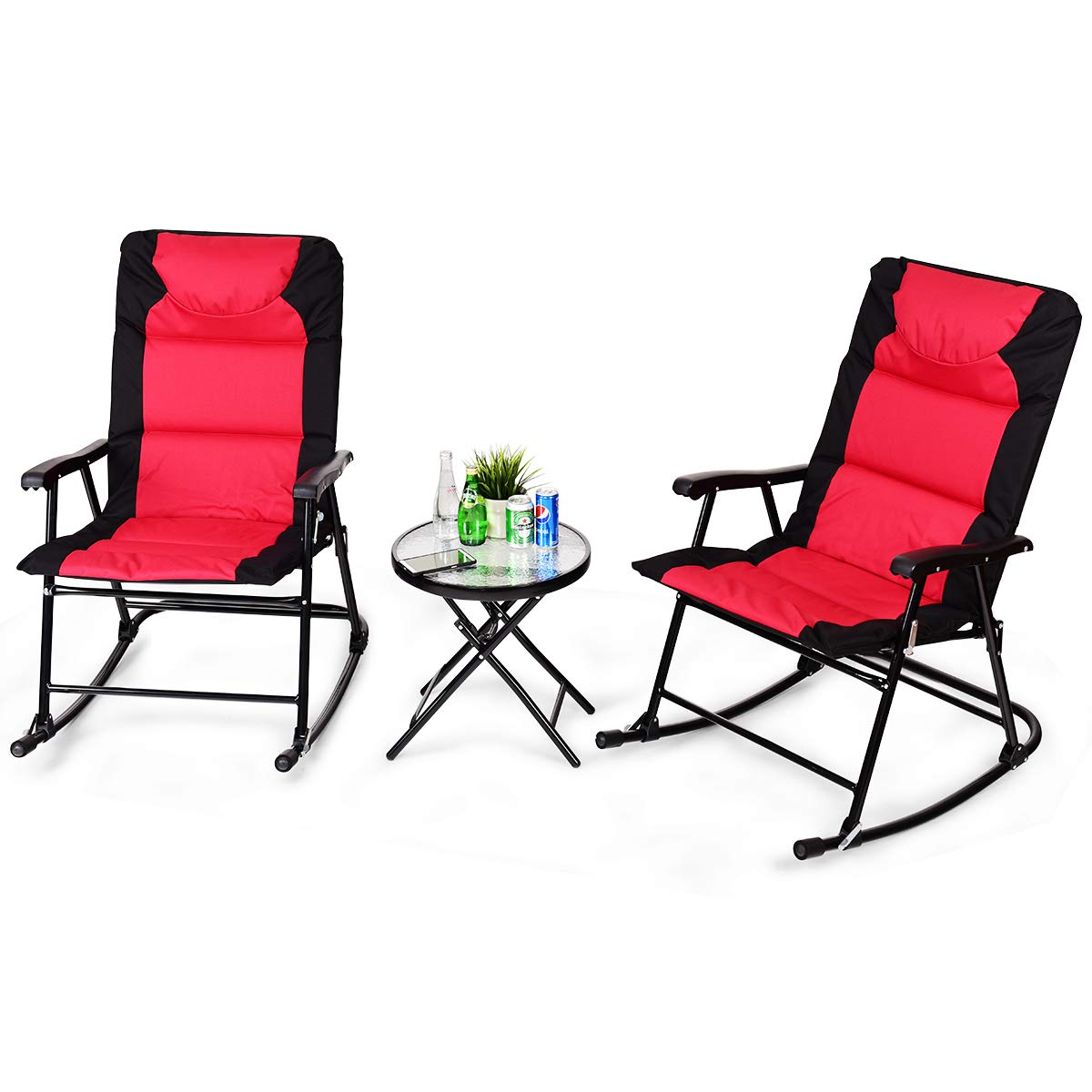 Tangkula 3 Pieces Folding Bistro Set, Outdoor Rocking Chairs with Round Table Set, Foldable Chairs & Glass Top Coffee Table, Patio Folding Furniture Set for Backyard, Garden, Poolside, Porch (Red)